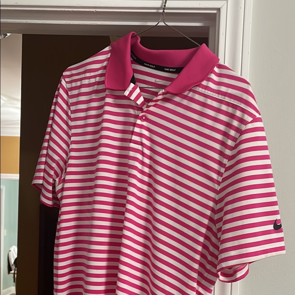 Nike Mens Small Golf Polo. Pink and White Striped. Very good condition.